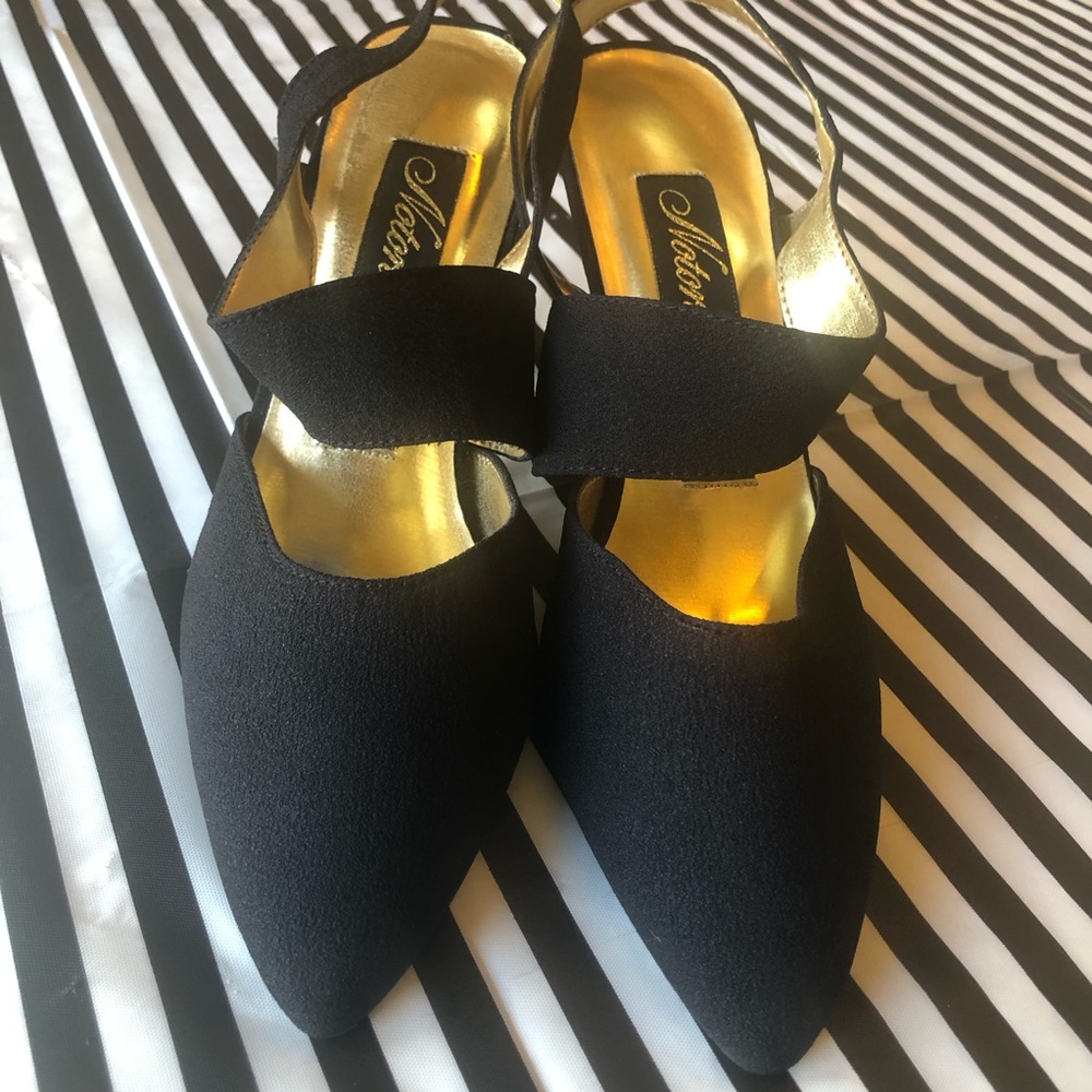 Vintage Black Pointed Slingback Heels with Gold Interior
